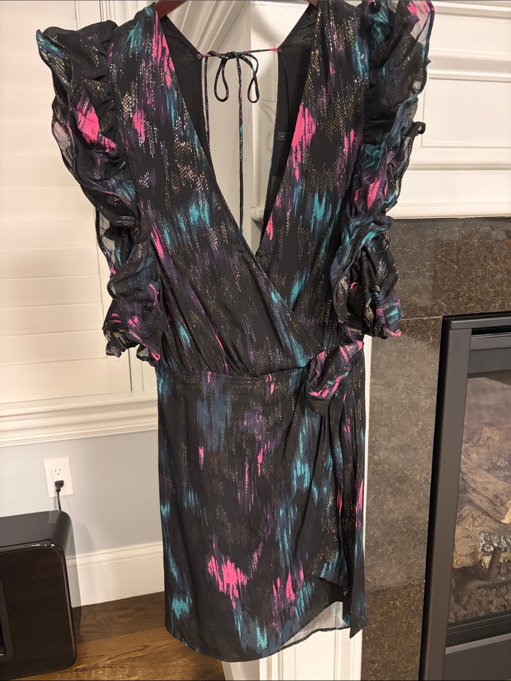 The Kooples Black One-Shoulder Wrap Dress with Pink & Teal Accents